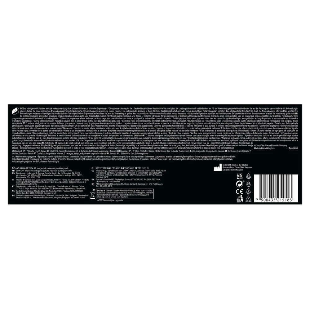 Braun IPL-Haarentfernungssystem: Scannt Hautton 80x/Sek. und passt Leistung automatisch an. [EN] Braun IPL hair removal system packaging highlighting the claim that the device learns with each use for fast results. [DA] Braun IPL-hårfjerningssystem vist med detailpakken og fremhæver påstanden om op til 1 års hårreduktion. [RO] Braun IPL, cu 2 capete, husă și aparat de ras, evidențiind afirmația că învață cu fiecare utilizare pentru rezultate rapide. [SV] Braun IPL-hårborttagningssystem, framhäver upp till 1 års hårreducering med intelligent hudtonsanpassning. [IT] Braun Luce Pulsata con due testine, custodia e rasoio, evidenziando il sistema intelligente che apprende ad ogni utilizzo. [CS] Braun IPL systém pro odstranění chloupků s obalem, zdůrazňující tvrzení až 1 rok redukce chloupků. [HU] Braun IPL szőrtelenítő rendszer csomagolása, kiemelve az akár 1 évig tartó szőrcsökkentés ígéretét. [SK] Braun IPL systém na odstraňovanie chĺpkov s balením zdôrazňujúcim, že sa učí pri každom použití pre rýchlejšie výsledky. [SL] Braun IPL sistem za odstranjevanje dlak, prikazan z embalažo in poudarkom na trditvi do 1 leta zmanjšanja dlak. [FI] Braun IPL -karvanpoistojärjestelmän pakkaus, jossa korostetaan jopa 1 vuoden karvattomuutta. [NO] Braun IPL-hårfjerningssystem vist med emballasjen som fremhever påstanden om at systemet lærer ved hver bruk for raskere resultater. [ES] Braun IPL sistema de depilación con luz pulsada, destacando la afirmación de hasta 1 año de reducción del vello. [PT] Braun IPL parte detrás da embalagem destacando a afirmação de que o sistema aprende com cada utilização para resultados rápidos.;