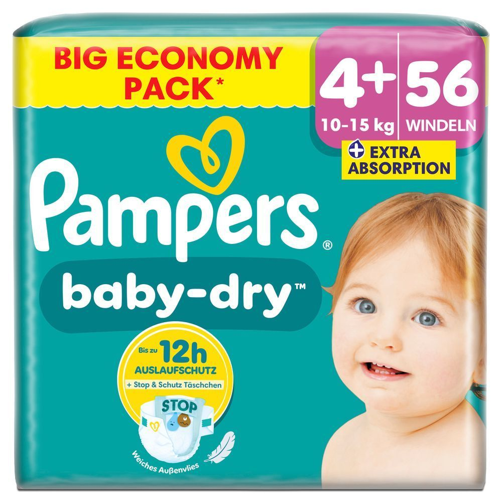 Pampers Baby-Dry Big Economy Pack, Größe 4+ mit 56 Windeln, 10-15kg, hervorgehoben werden die Produktvorteile: Bis zu 12 Stunden Auslaufschutz und Stop & Schutz Täschchen.