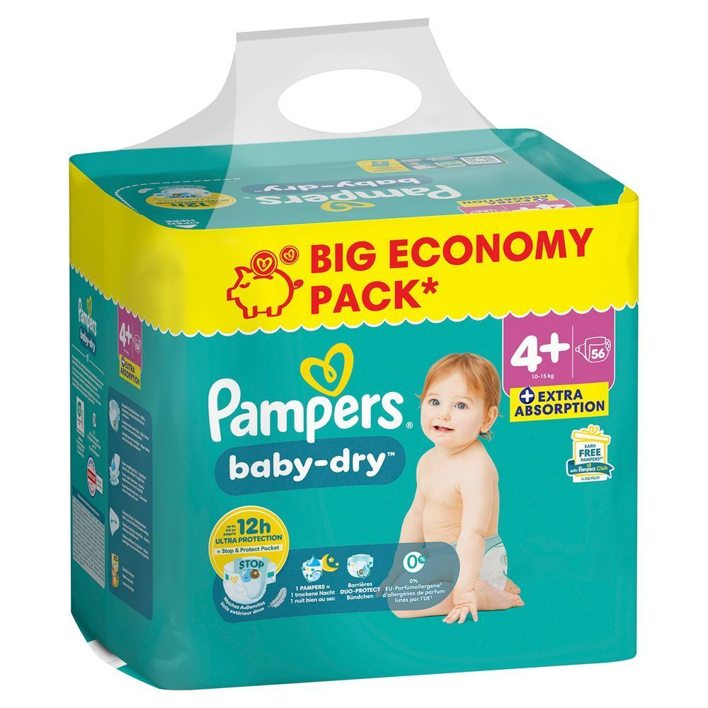 Pampers Baby-Dry Windeln im Big Economy Pack, Größe 4+, mit dem Hinweis auf bis zu 12 Stunden Ultra Protection und Stop & Protect Pocket.;