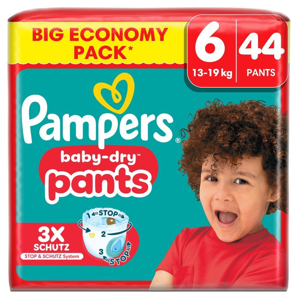 Pampers Baby-Dry Pants Big Economy Pack, Größe 6 mit 44 Pants, 13-19kg, hervorgehoben wird der Produktvorteil: 3x Schutz dank Stop & Schutz System.