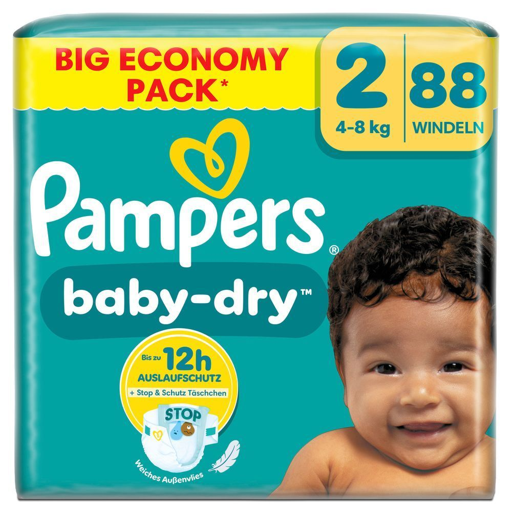 Pampers Baby-Dry Big Economy Pack, Größe 2 mit 88 Windeln, 4-8kg, hervorgehoben werden die Produktvorteile: Bis zu 12 Stunden Auslaufschutz und Stop & Schutz Täschchen.