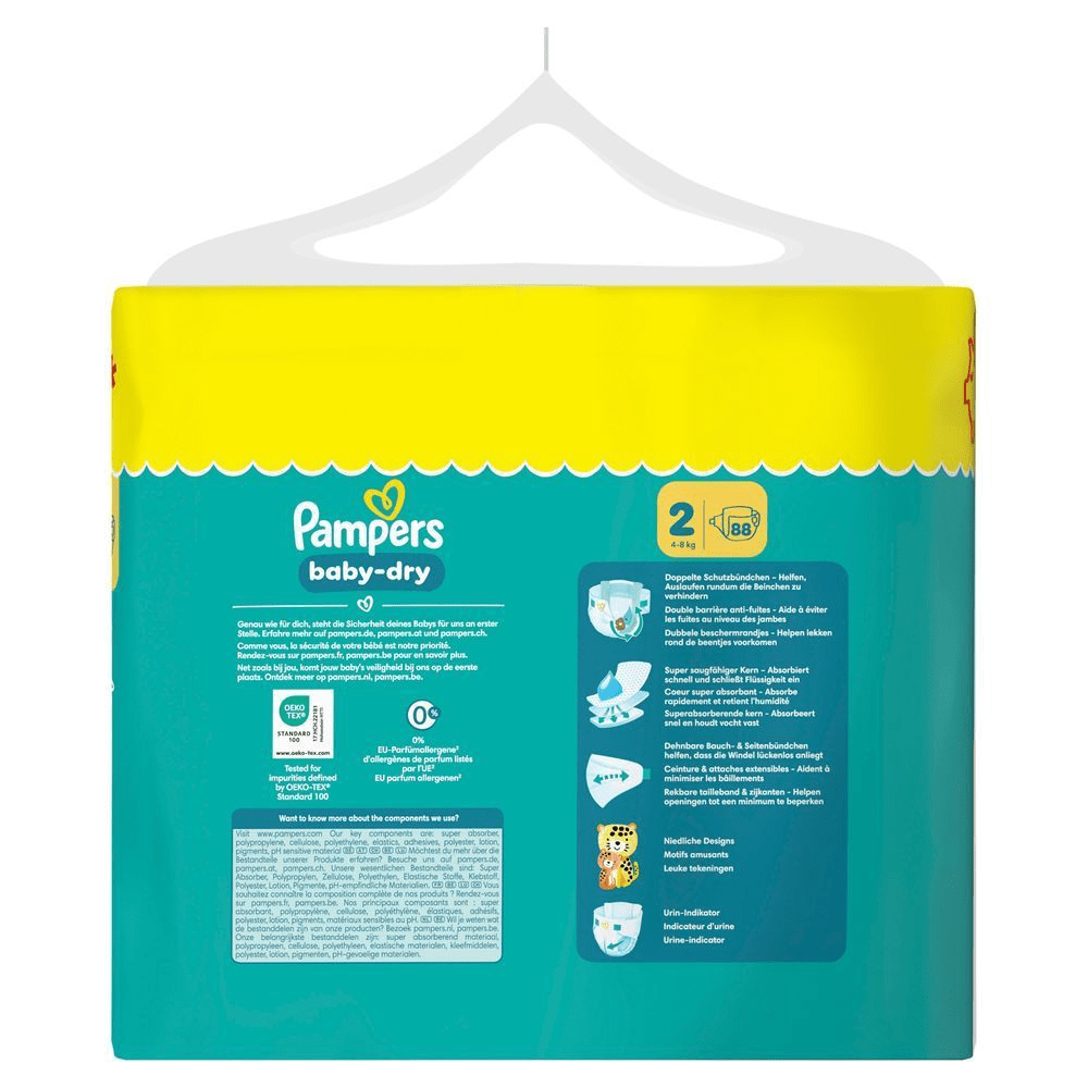 Pampers Baby-Dry Windeln, 88 Stück, mit dem Hinweis "0% EU-Parfümallergene" auf der Verpackung.;