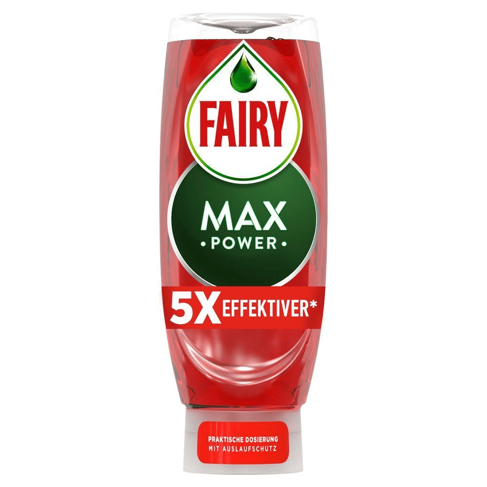 Fairy Max Power Granatapfel Spülmittelkonzentrat in kopfstehender Flasche mit dem Hinweis 5× effektiver und praktische Dosierung mit Auslaufschutz.