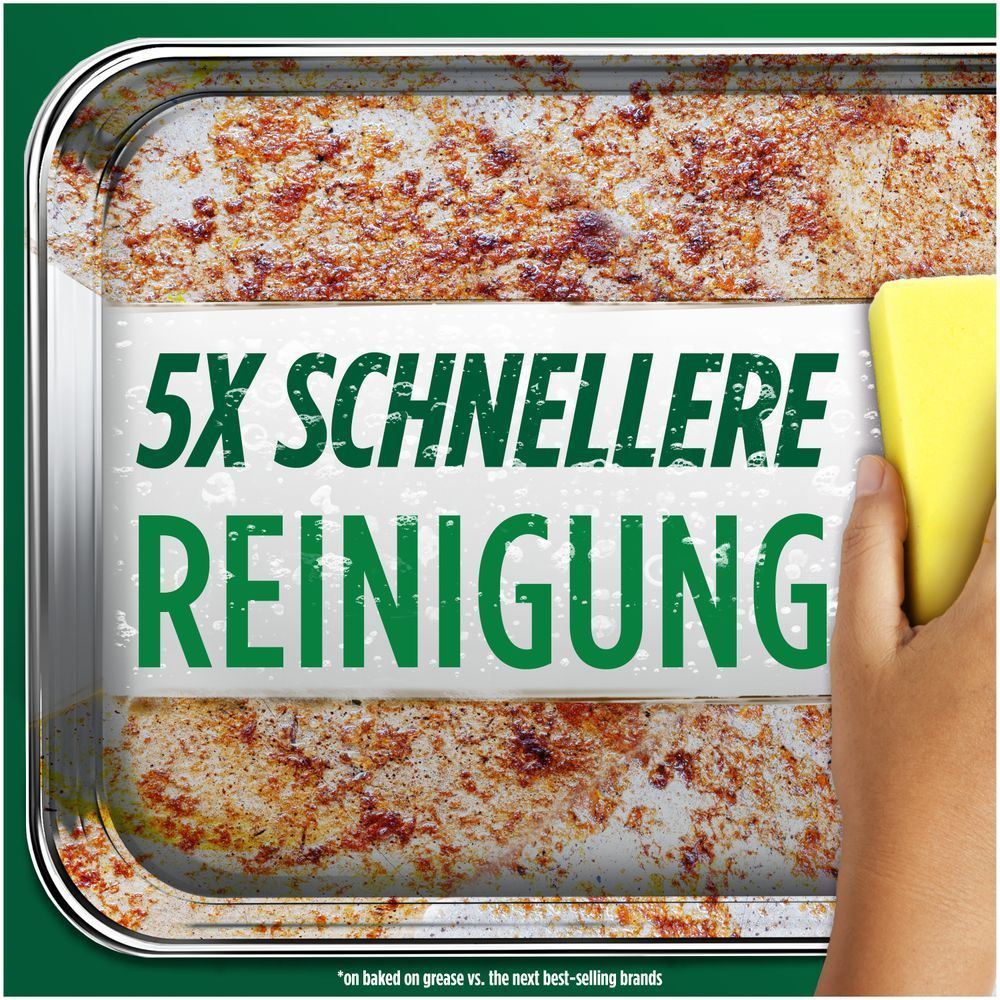 Eine Hand reinigt eine verkrustete Oberfläche eines Bleches mit einem Schwamm. Auf der sauberen Fläche steht 5x schnellere Reinigung.