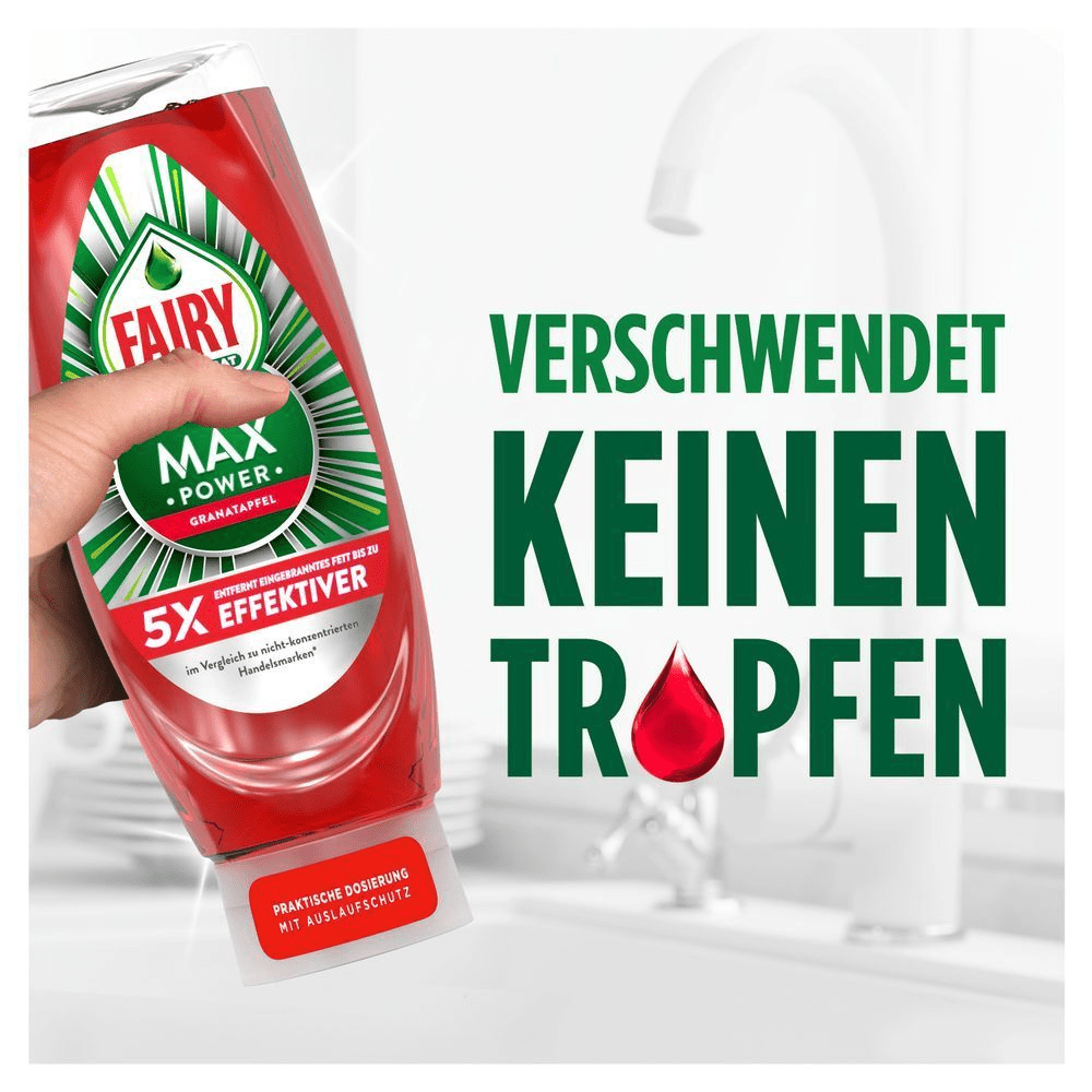 Fairy Max Power Granatapfel Spülmittel, das dank der auf dem Kopf stehenden Flasche eine einfachere Dosierung ermöglicht und keinen Tropfen verschwendet.