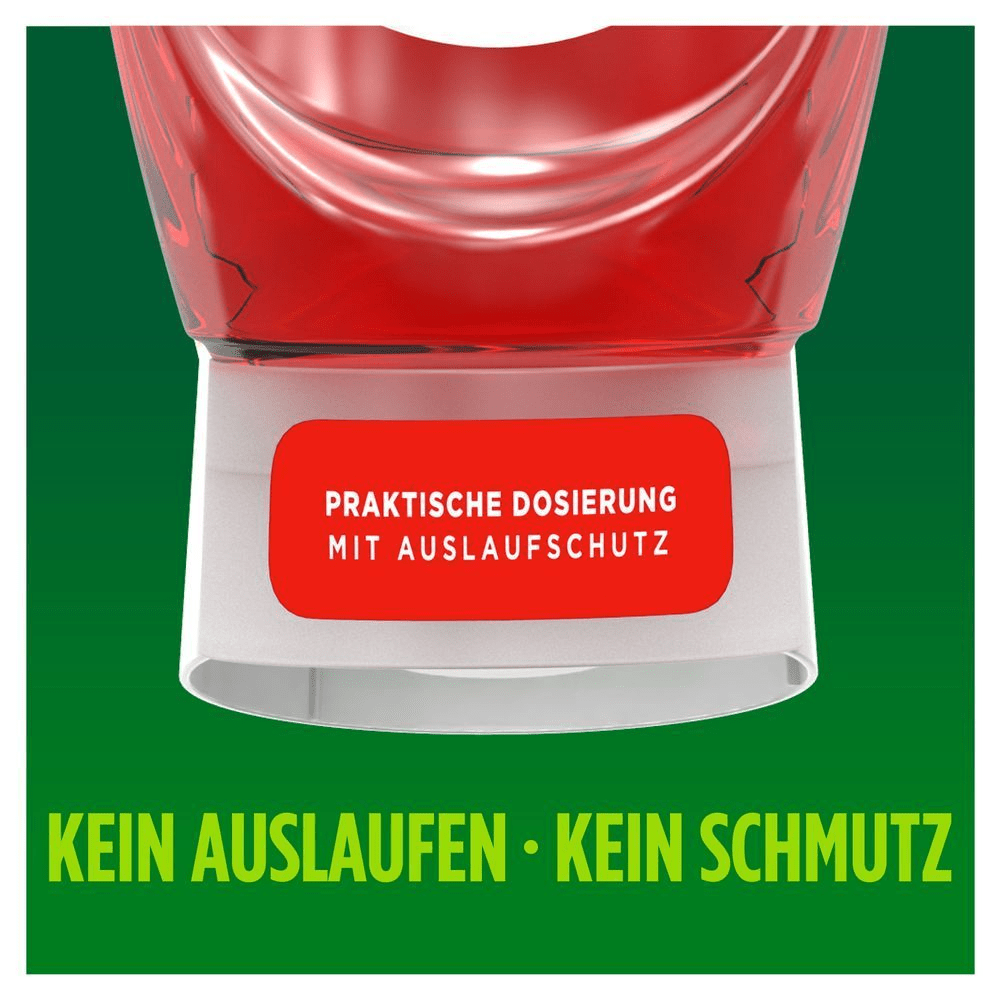 Fairy Spülmittelflasche auf dem Kopf stehend, die praktische Dosierung mit Auslaufschutz und saubere Anwendung hervorhebt.