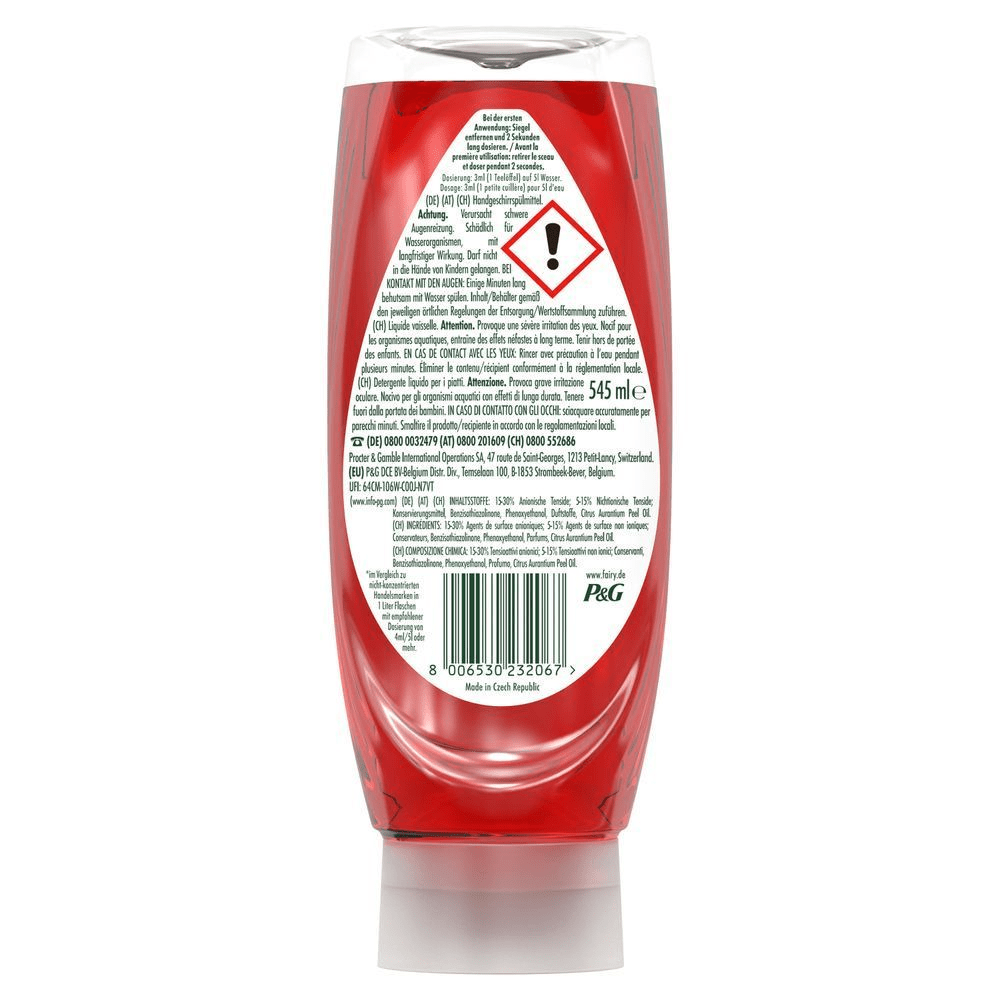 Fairy rotes Handgeschirrspülmittel-Rückseite (545 ml), mit Sicherheits- und Anwendungshinweisen. [EN] Fairy Liquid Super Compact Cherry Blossom, Bottle 545ml