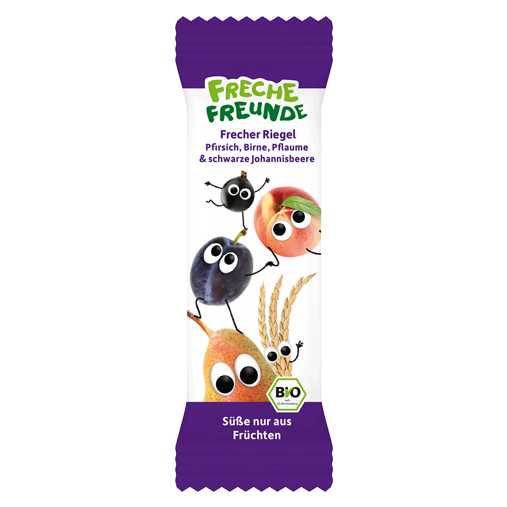 Bild: Freche Freunde Frecher Riegel Pfirsich, Birne, Pflaume und schwarze Johannisbeere 