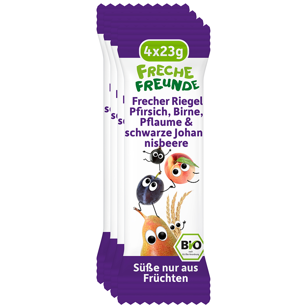 Bild: Freche Freunde Frecher Riegel Pfirsich, Birne, Pflaume und schwarze Johannisbeere 