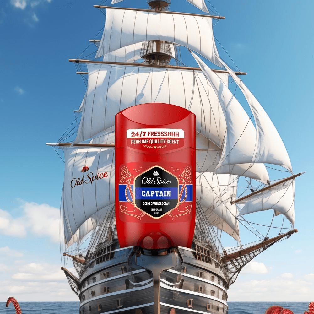 Old Spice Captain Deodorant verspricht 24-7 Frische mit einem Duft in ParfÃ¼mqualitÃ¤t, umgeben von einem Segelschiff und einem Kraken. [EN] Old Spice Captain deodorant stick, highlighting 24-7 Fressshhh Perfume Quality Scent on its label. [ES] Old Spice Captain ofrece un aroma fresco y duradero, como navegar en un barco a travÃ©s del ocÃ©ano.