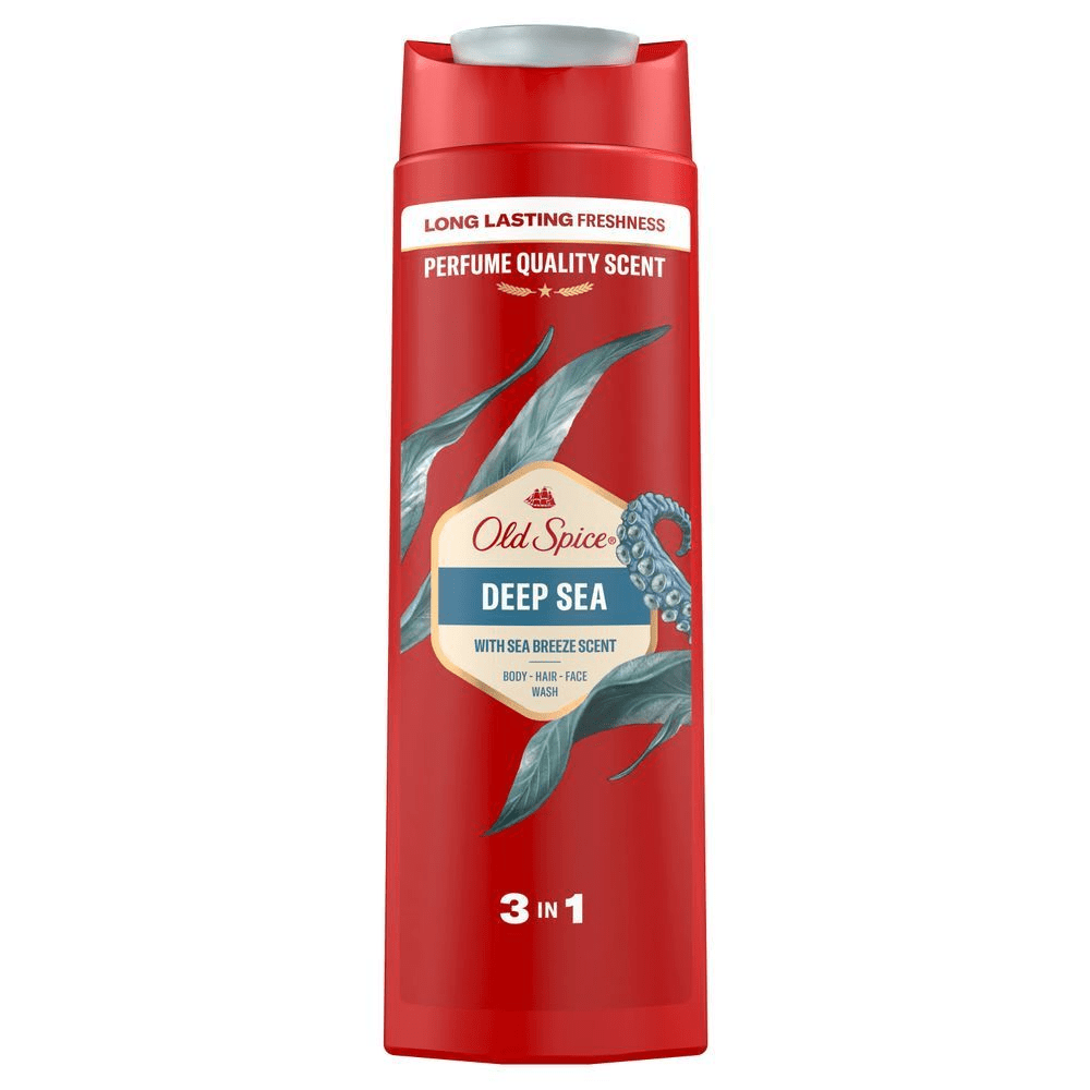 Old Spice Deep Sea 3-in-1 Duschgel-Flasche, hervorgehoben mit dem Versprechen eines langanhaltenden, frischen Duftes in ParfÃ¼mqualitÃ¤t. [EN] Old Spice Deep Sea 3 in 1 shower gel red packaging, body, hair, face wash, perfume quality scent. [ES] Old Spice Deep Sea 3 en 1, con la etiqueta Long Lasting Freshness Perfume Quality Scent (Frescura Duradera, Aroma de Calidad de Perfume). [PT] Old Spice Gel de Banho 3 em 1 Deep Sea, com embalagem destacando Long Lasting Freshness Perfume Quality Scent.
