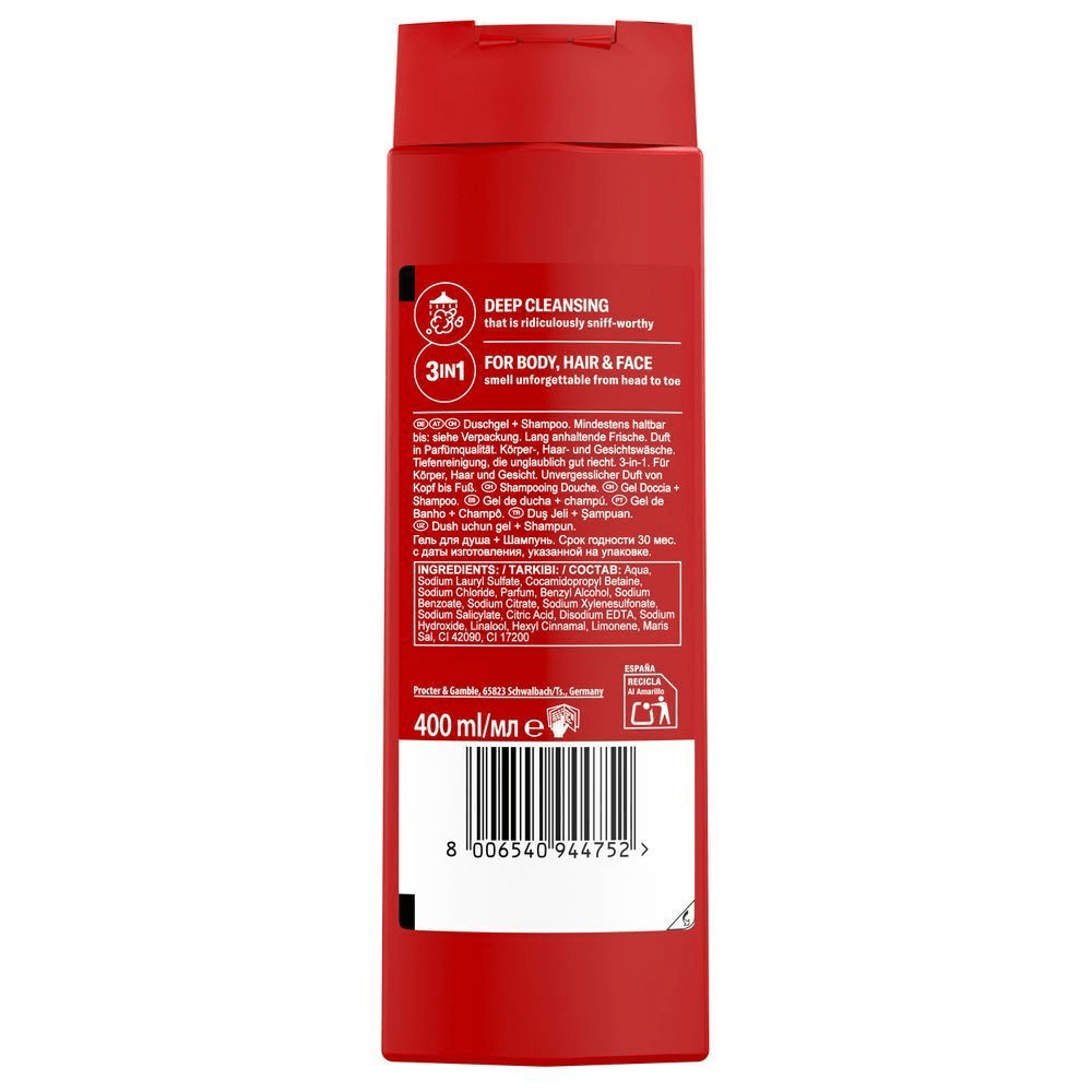 Old Spice 400ml 3in1 Duschgel für Körper, Haare und Gesicht, mit dem Hinweis auf "Deep Cleansing" für eine unglaubliche Tiefenreinigung. [ES] Old Spice 3in1 para cuerpo, cabello y rostro, con limpieza profunda y un aroma inolvidable de pies a cabeza. [PT]  Old Spice Gel de Banho 3 em 1 parte detrás da embalagem com informações de contéudo/ingredientes, fabricação, reciclagem e dados de contato da P&G, QRC. [FR] Old Spice gel douche 3 en 1 pour corps, cheveux et visage, bouteille rouge vu de dos.