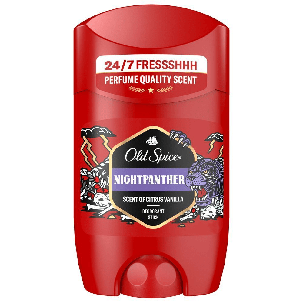 Old Spice Nightpanther Deodorant Stick mit dem Aufdruck 24-7 FRESSSHHH Perfume Quality Scent. [EN] Old Spice Nightpanther deodorant stick, red packaging. [ES] Imagen frontal del producto Old Spice Nightpanther desodorante en barra con aroma de cÃ­tricos y vainilla, con la leyenda 24-7 FRESSSHHHH Perfume Quality Scent. [PT] Old Spice Desodorizante Stick Nightpanther, com destaque para a fragrÃ¢ncia de qualidade de perfume e proteÃ§Ã£o 24-7.