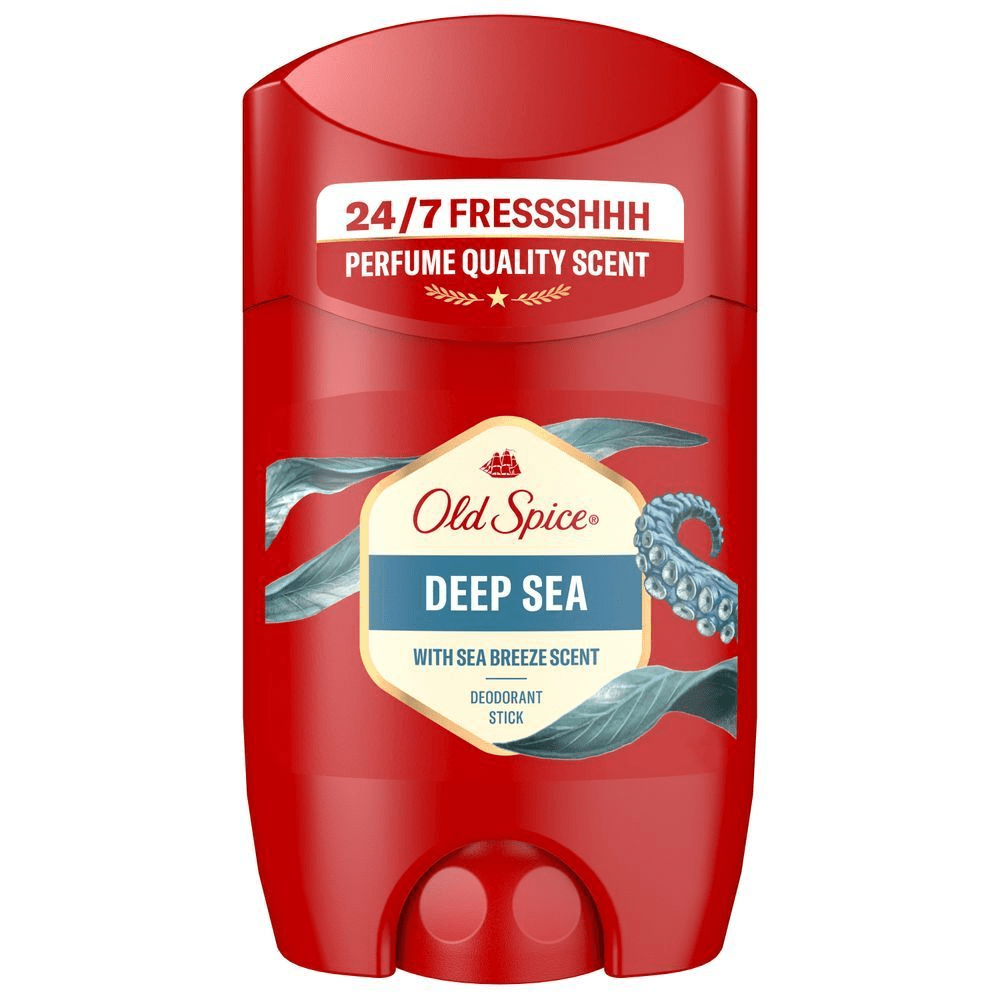 Old Spice Deep Sea Deodorant Stick, mit dem Hinweis auf 24-7 Frische und Duft in ParfÃ¼mqualitÃ¤t. [EN] Old Spice Deep Sea Deodorant Stick, showcasing 24-7 perfume quality scent with a sea breeze fragrance. [ES] Old Spice Deep Sea desodorante en barra, resaltando la promesa de fragancia de calidad de perfume y frescura 24-7. [PT] Old Spice Desodorizante Stick Deep Sea, com embalagem que destaca 24-7 frescor e fragrÃ¢ncia com qualidade de perfume.