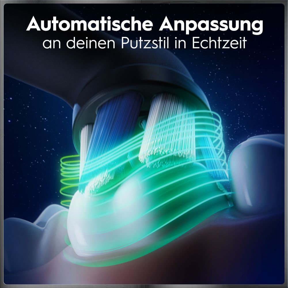 Elektrische Zahnbürste mit grünen Lichteffekten zur automatischen Anpassung an den Putzstil