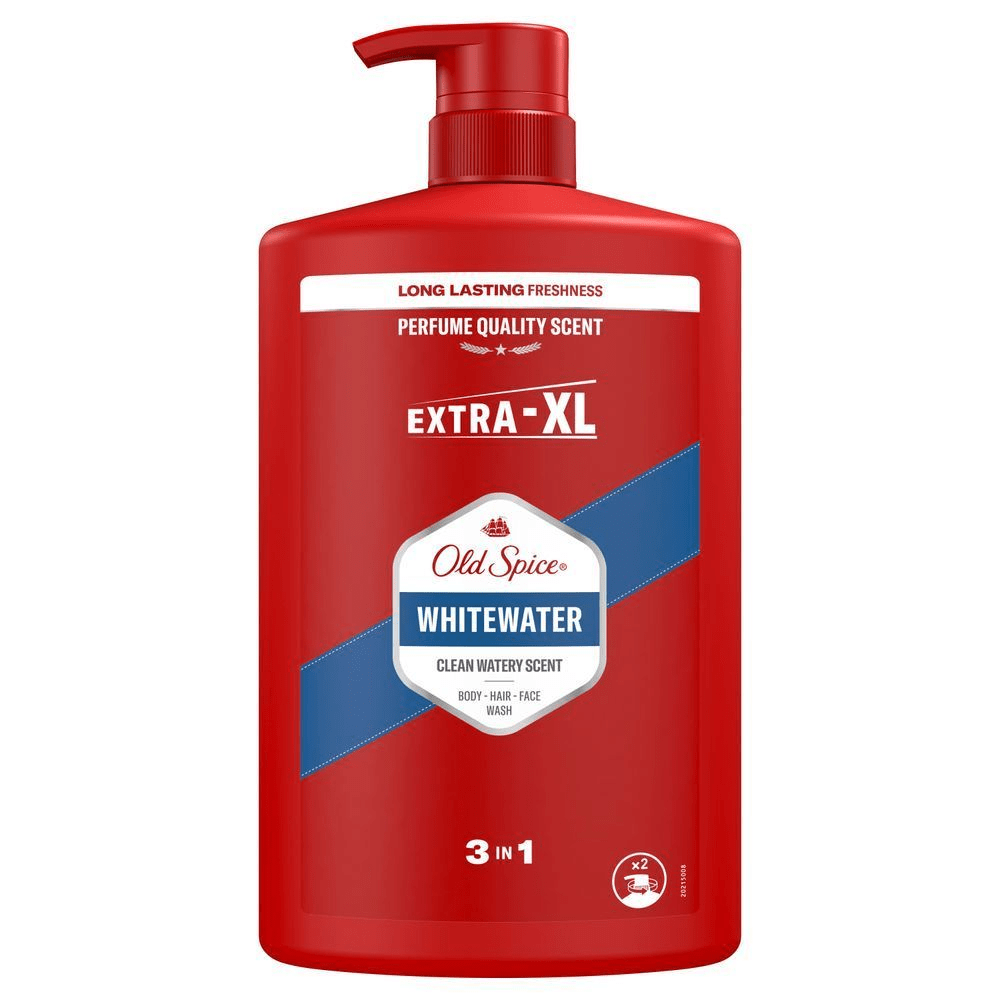 Old Spice Whitewater 3-in-1 Duschgel in Extra-XL Größe, mit dem Hinweis "Long Lasting Freshness, Perfume Quality Scent". [ES] Imagen frontal del producto Old Spice Whitewater 3 en 1 en tamaño Extra-XL, con fragancia de calidad de perfume y frescura duradera. [PT] Old Spice Gel de Banho 3 em 1  Whitewater, tamanho Extra-XL, com destaque para a fragrância com qualidade de perfume. [FR] Old Spice Whitewater, gel douche 3 en 1 pour corps, cheveux et visage, avec une fraîcheur longue durée.