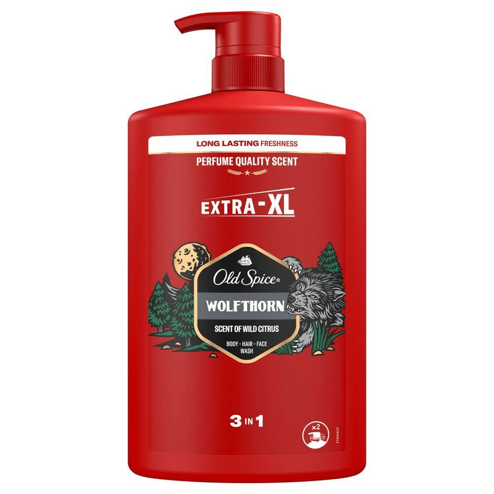 Old Spice Wolfthorn 3-in-1 Duschgel in der Extra-XL-GrÃ¶Ãe mit dem Hinweis auf langanhaltende Frische und ParfÃ¼mqualitÃ¤t. [EN] Old Spice Wolfthorn 3 in 1 shower gel red packaging, body, hair, face wash, perfume quality scent. [ES] Imagen frontal del producto Old Spice Wolfthorn 3 en 1, tamaÃ±o Extra-XL, con la leyenda Fragancia de calidad de perfume para una frescura duradera. [PT] Old Spice Gel de Banho 3 em 1 Wolfthorn, tamanho Extra-XL, com destaque para a fragrÃ¢ncia de qualidade de perfume e frescor duradouro.