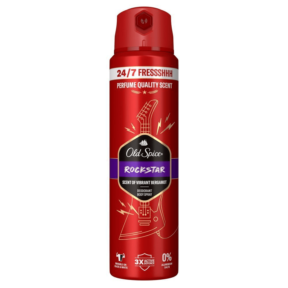 Old Spice Rockstar Deodorant Body Spray mit dem Hinweis "24/7 FRESSSHHH Perfume Quality Scent".