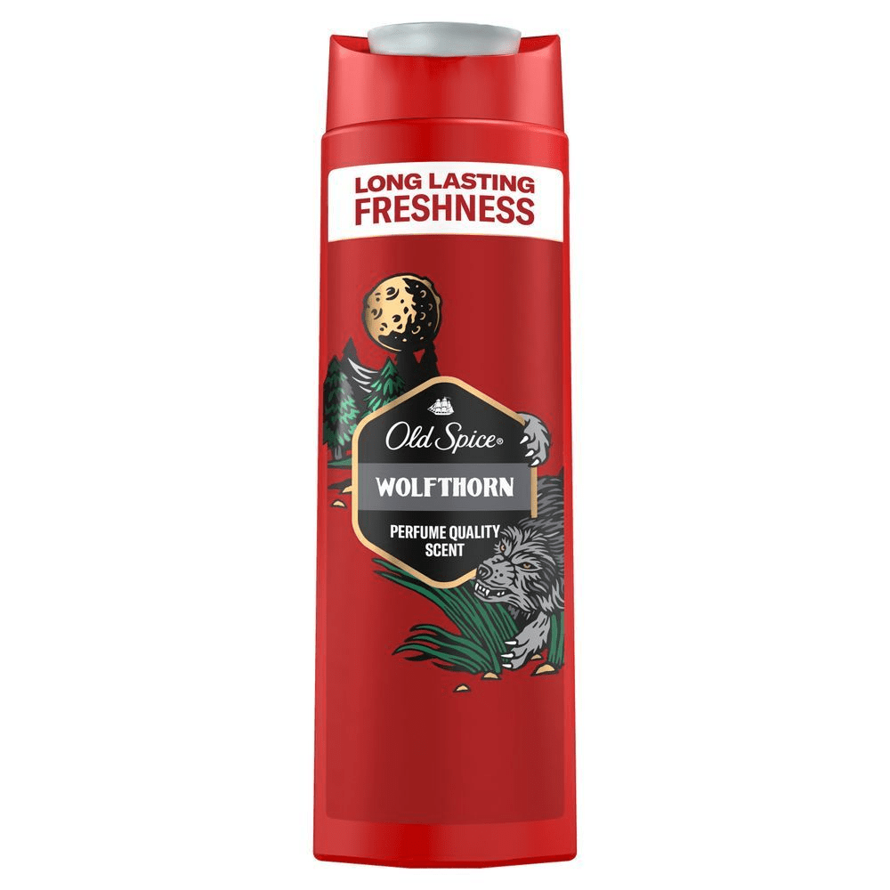 Old Spice Wolfthorn Duschgel-Verpackung, die Long Lasting Freshness (Lang anhaltende Frische) und einen Duft in ParfÃ¼mqualitÃ¤t hervorhebt. [EN] Old Spice Wolfthorn 3 in 1 shower gel red packaging, body, hair, face wash, perfume quality scent. [ES] Old Spice Wolfthorn, mostrando el envase rojo con la etiqueta Long Lasting Freshness (Frescura Duradera). [PT] Old Spice Shower Gel Wolfthorn desodorante corporal, embalagem vermelha com destaque para Long Lasting Freshness (frescor de longa duraÃ§Ã£o).