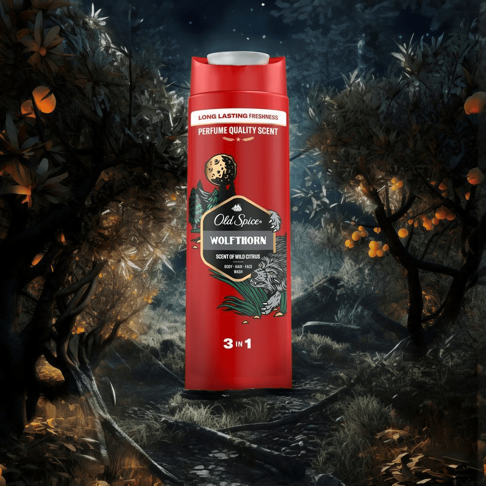 Old Spice Wolfthorn Duschgel, beworben mit langanhaltender Frische und DuftqualitÃ¤t eines Parfums, in einer nÃ¤chtlichen Waldszene. [ES] Old Spice Wolfthorn 3 en 1 evoca una fragancia duradera de calidad de perfume en un entorno natural y misterioso. [PT] Old Spice Gel de Banho 3 em 1 Wolfthorn proporciona uma fragrÃ¢ncia de qualidade de perfume e frescura duradouro, como mostrado em uma floresta mÃ­stica.