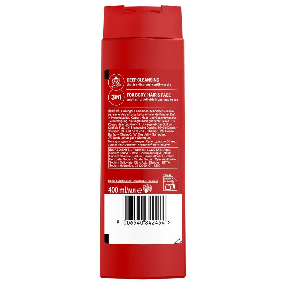 Old Spice 400 ml 3-in-1 Duschgel für Körper, Haare und Gesicht, mit dem Hinweis "Tiefenreinigung, die unglaublich gut riecht". [ES] Imagen posterior con regulaciones e ingredientes del producto Old Spice 3in1 gel de ducha para cuerpo, cabello y rostro, con limpieza profunda y fragancia inolvidable de pies a cabeza. [PT]  Old Spice Gel de Banho 3 em 1 parte detrás da embalagem com informações de contéudo/ingredientes, fabricação, reciclagem e dados de contato da P&G, QRC. [FR] Old Spice gel douche 3 en 1 pour corps, cheveux et visage, bouteille rouge vu de dos.