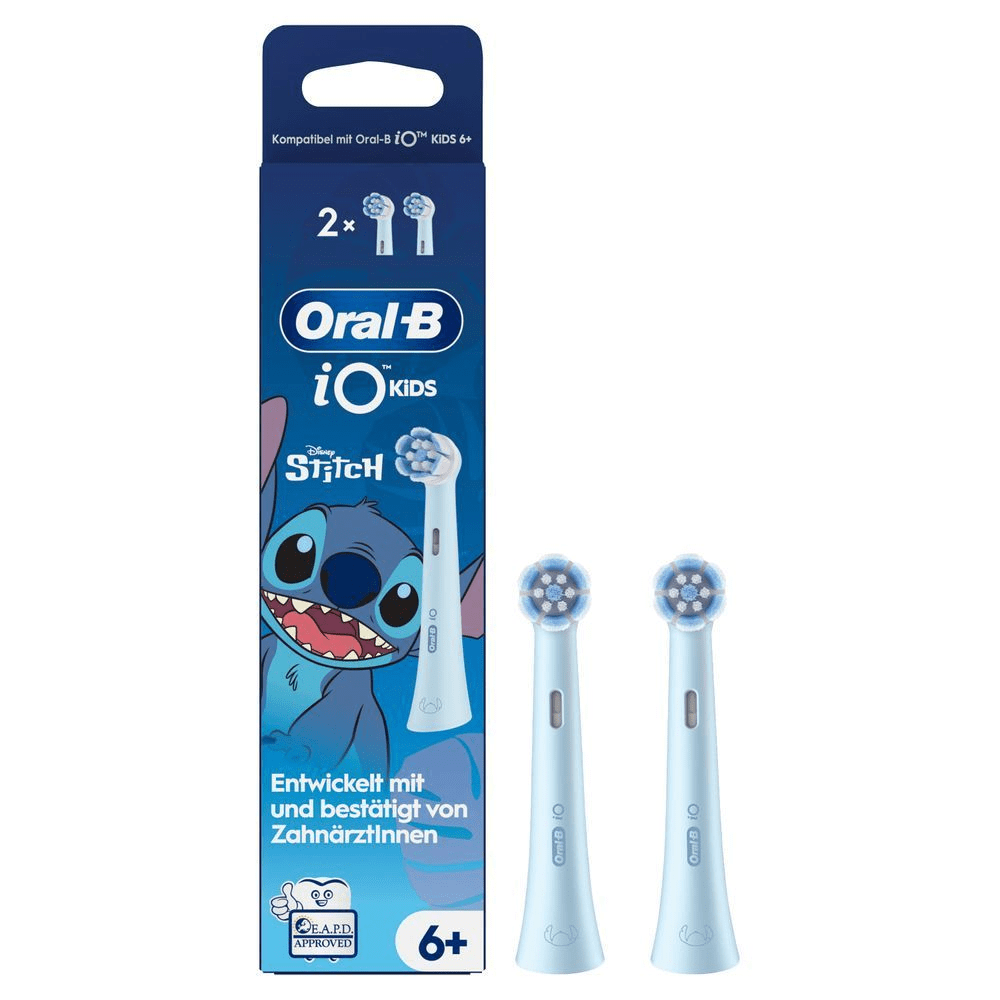 Oral-B iO Kids Aufsteckbürsten mit Disney Stitch Motiv, 2er-Pack, empfohlen von Zahnärzten für Kinder ab 6 Jahren. [FR] Têtes de brosse Oral-B iO Kids, pack de 2, avec l'emballage mettant en vedette le personnage Stitch de Disney.;