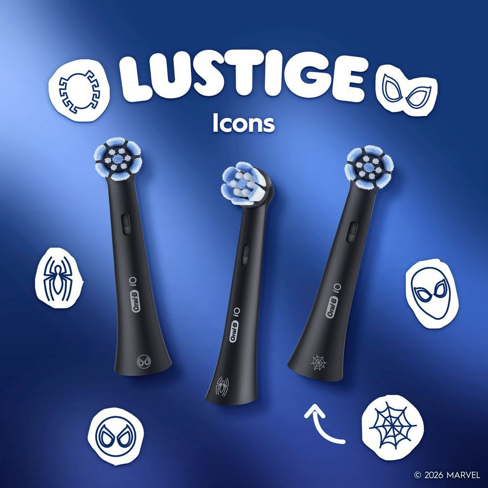 3 Aufsteckbürsten mit 6 Symbolen, die um sie herum schweben