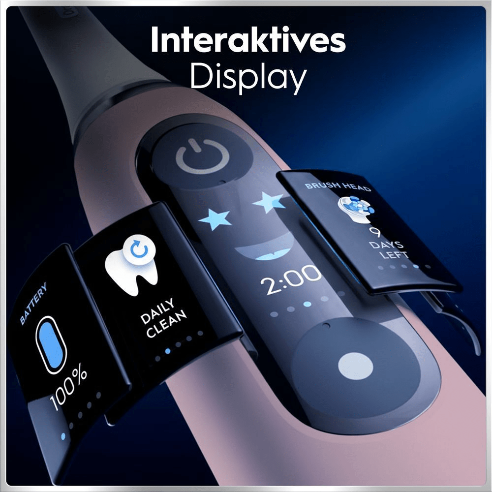 Elektrische Zahnbürste mit interaktivem Display zeigt Putzzeit, Akku und Bürstenkopf-Status.