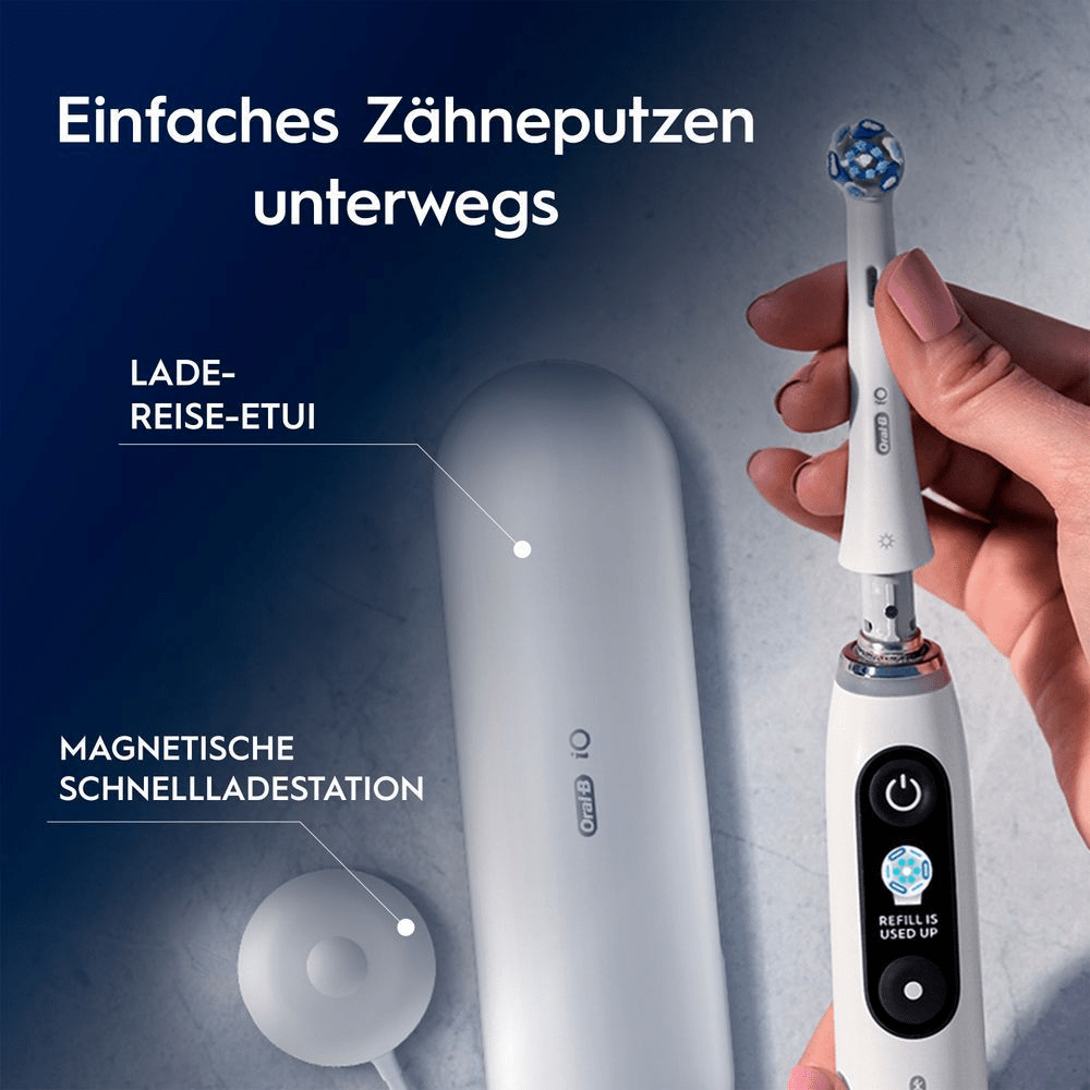 Oral-B iO Zahnbürste mit Lade-Reise-Etui und magnetischer Schnellladestation für einfaches Zähneputzen unterwegs.