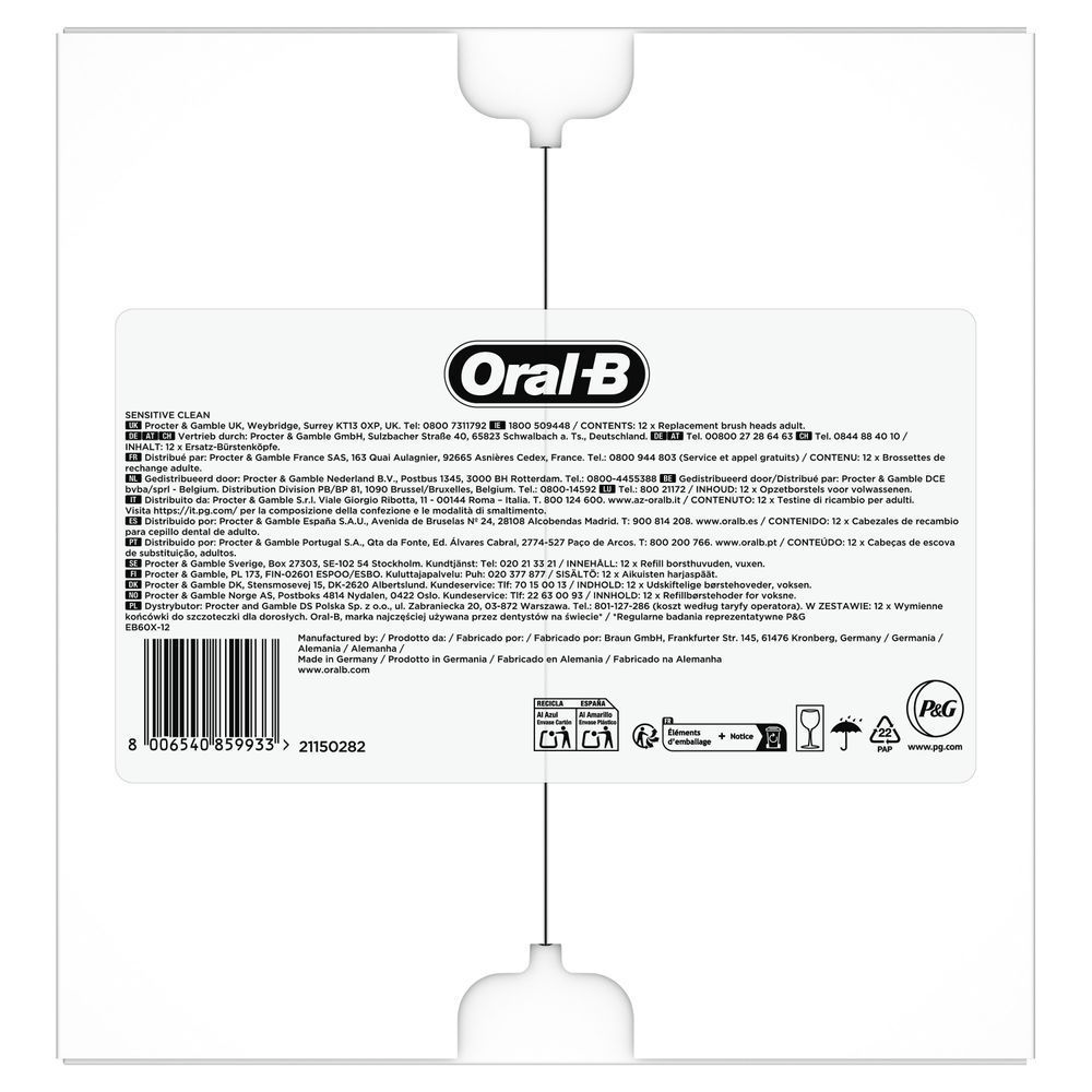 Oral-B Sensitive Clean Ersatz-Bürstenköpfe, 12 Stück, für Erwachsene. [EN] Oral-B Sensitive Clean replacement brush heads packaging, containing 12 brush heads for adults. [SV] Oral-B Sensitive Clean refill borsthuvuden för vuxna, förpackning med 12 stycken, som det står "Innehåll: 12 x Refill borsthuvuden, vuxen" på. [ES] Oral-B Sensitive Clean, paquete con 12 cabezales de recambio para cepillo dental de adulto.;