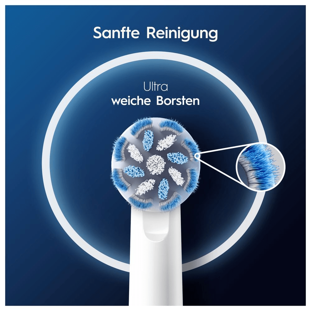Oral-B Bürstenkopf mit ultra-weichen Borsten für sanfte Reinigung, vergrößerte Detailansicht der Borsten hervorgehoben. [IT] Testina Oral-B con setole ultra morbide, evidenziando la pulizia delicata e la cura delle gengive sensibili. [ES] Cabezal de cepillo Oral-B mostrando un primer plano de las cerdas ultra suaves para una limpieza delicada.;
