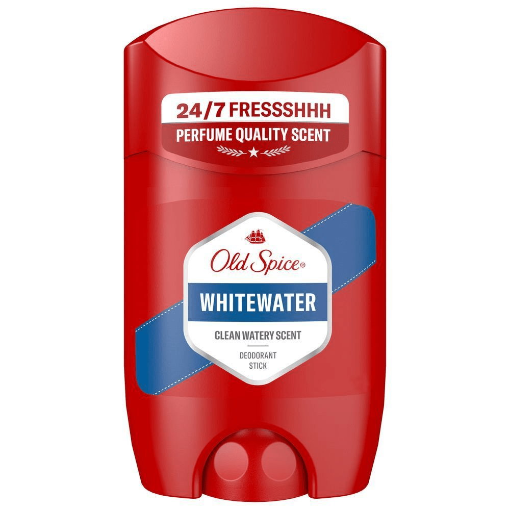 Old Spice Whitewater Deodorant Stick im roten BehÃ¤lter, hervorgehoben wird der Duft in ParfÃ¼mqualitÃ¤t mit 24-7 Frische. [EN] Old Spice Whitewater Deodorant Stick, highlighting its 24-7 FRESSSHHHH PERFUME QUALITY SCENT claim. [ES] Imagen frontal del producto Old Spice Whitewater barra desodorante, con etiqueta que indica aroma de calidad de perfume y frescura 24-7. [PT] Old Spice Desodorizante Stick Whitewater com destaque para a fragrÃ¢ncia de qualidade de perfume e proteÃ§Ã£o 24-7.
