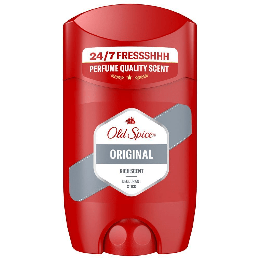 Old Spice Original Deodorant Stick, hervorgehoben mit dem Slogan 24-7 FRESSSHHH Perfume Quality Scent. [EN] Old Spice Original deodorant stick, red packaging. [ES] Imagen frontal del producto Old Spice Original desodorante en barra, destacando la promesa de 24-7 FRESSSHHH Perfume Quality Scent. [PT] Old Spice Original desodorante em stick, embalagem vermelha destacando a fragrÃ¢ncia de qualidade de perfume com duraÃ§Ã£o de 24-7.