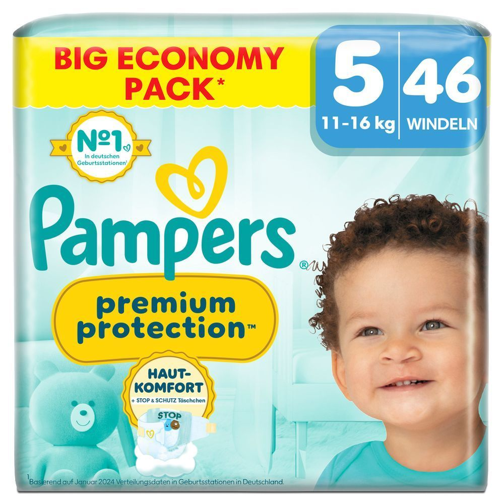 Pampers Premium Protection Big Economy Pack, Größe 5, mit 46 Windeln, 11-16kg, hervorgehoben wird der Produktvorteil: Hautkomfort + Stop & Schutz Täschchen sowie Nr.1 in deutschen Geburtsstationen (basierend auf Januar 2024 Verteilungsdaten in DE).