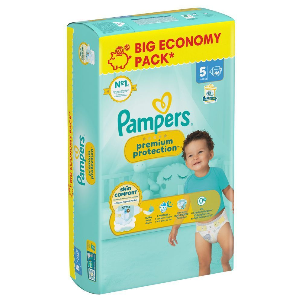 Pampers Premium Protection Windeln im Big Economy Pack, Größe 5, mit dem Hinweis auf Hautkomfort und Stop & Protect Pocket.;