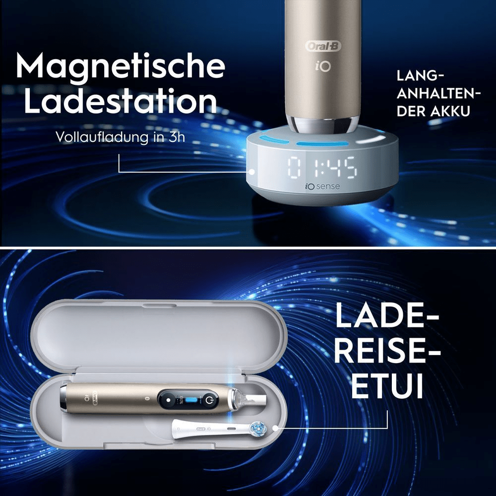 Oben: magnetische iO Ladestation mit goldener Zahnbürste; unten: Reise-Etui mit Zahnbürste.