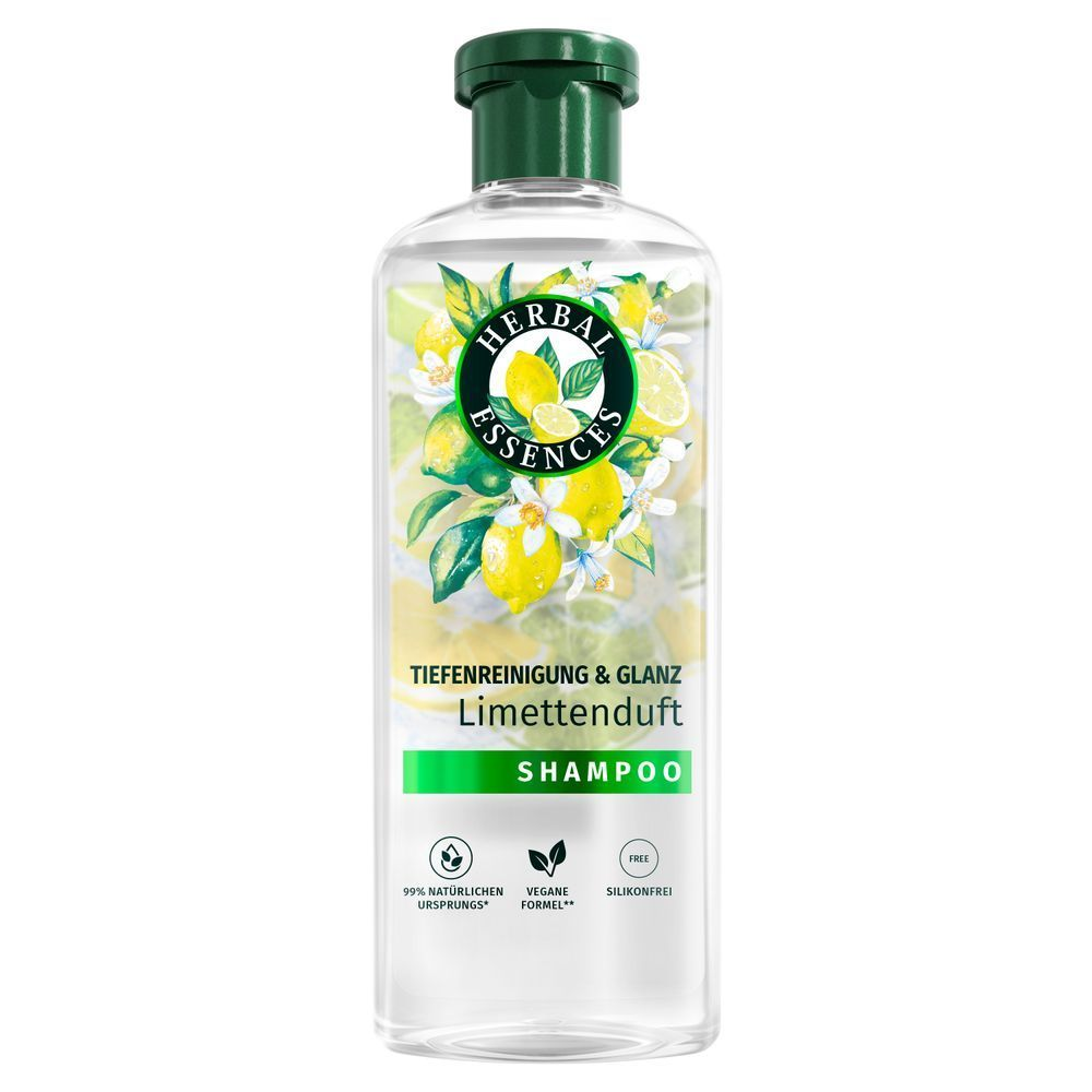 Herbal Essences Shampoo Tiefenreinigung & Glanz Limettenduft, mit dem Hinweis 99% natürlichen Ursprungs auf der Verpackung.