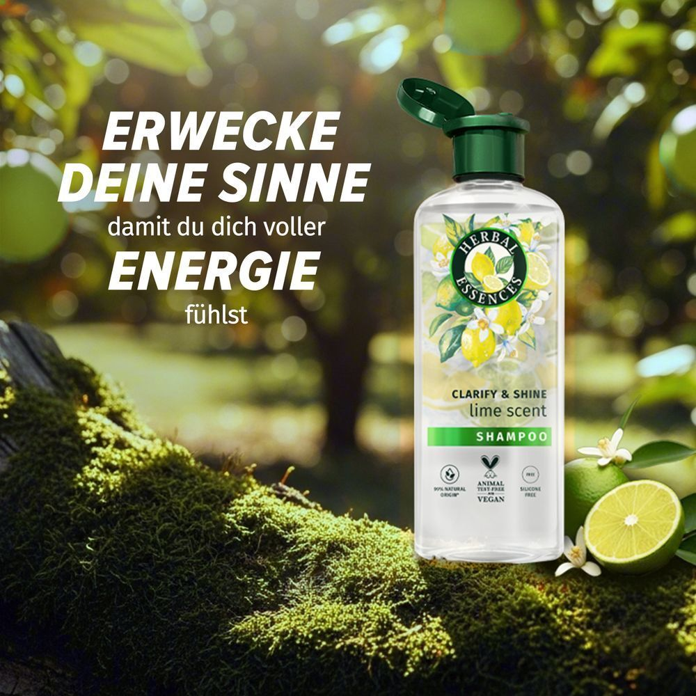 Herbal Essences Clarify & Shine Limettenduft Shampoo mit dem Slogan Erwecke deine Sinne, damit du dich voller Energie fühlst.