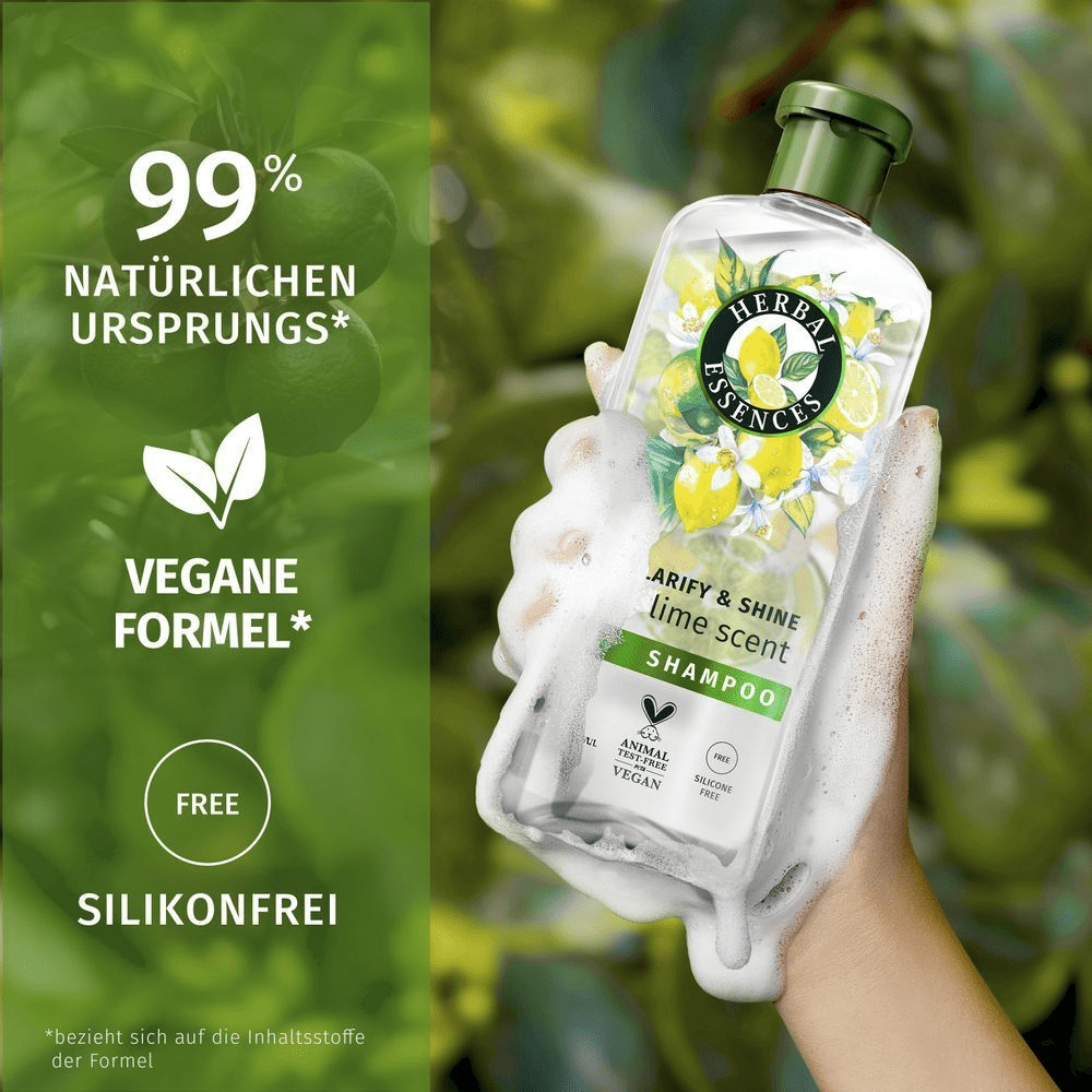 Herbal Essences Clarify & Shine Limetten Shampoo, 99% natürlichen Ursprungs und mit veganer Formel.