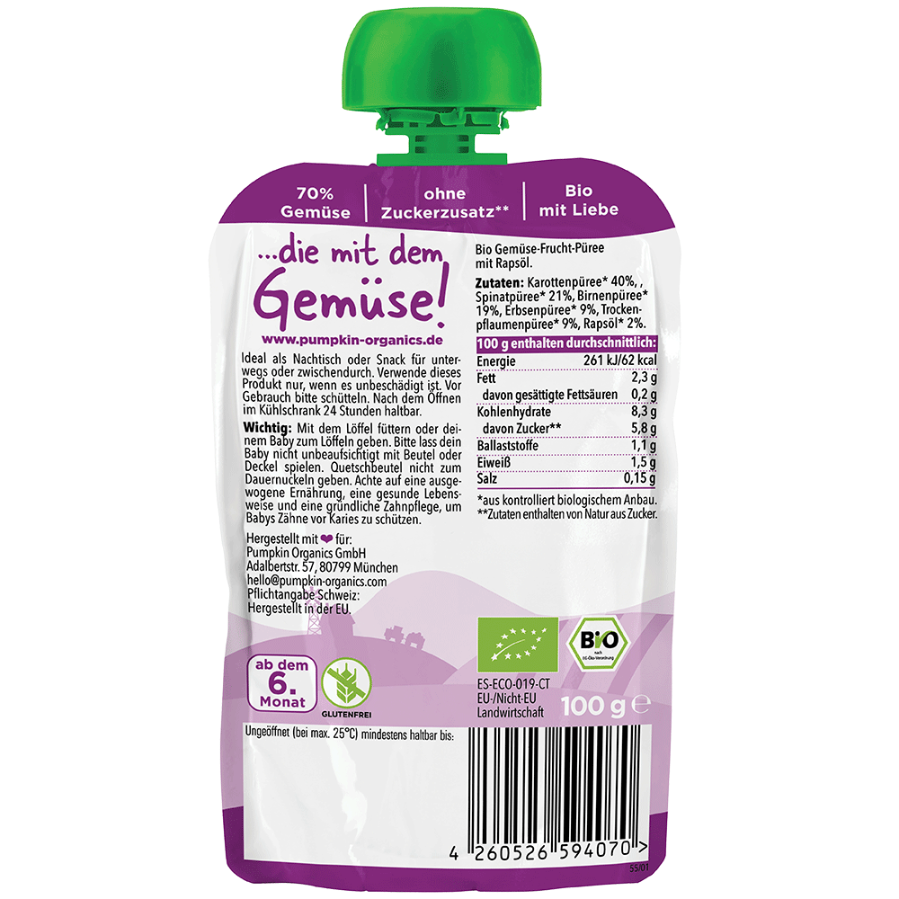 Bild: pumpkin organics Quetschie Karotte, Birne, Spinat, Erbsen und Trockenpflaume