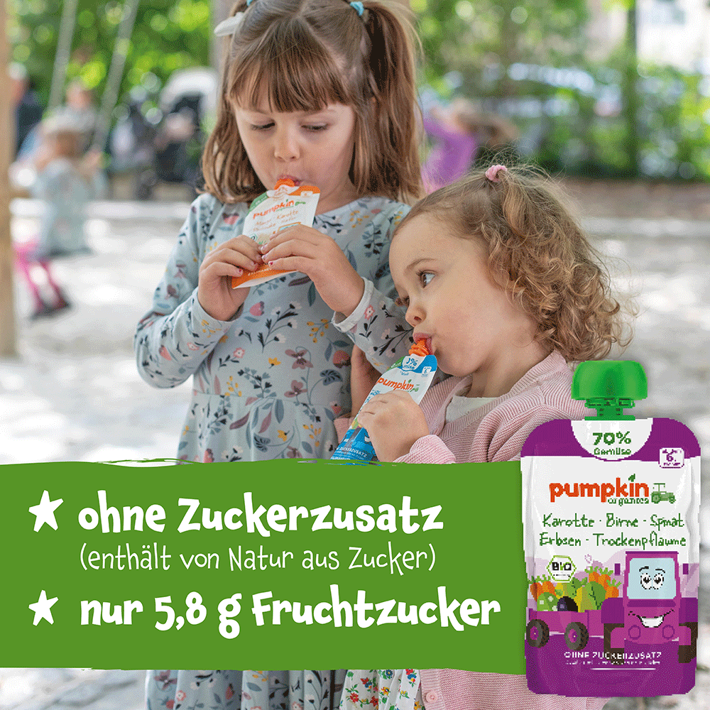 Bild: pumpkin organics Quetschie Karotte, Birne, Spinat, Erbsen und Trockenpflaume