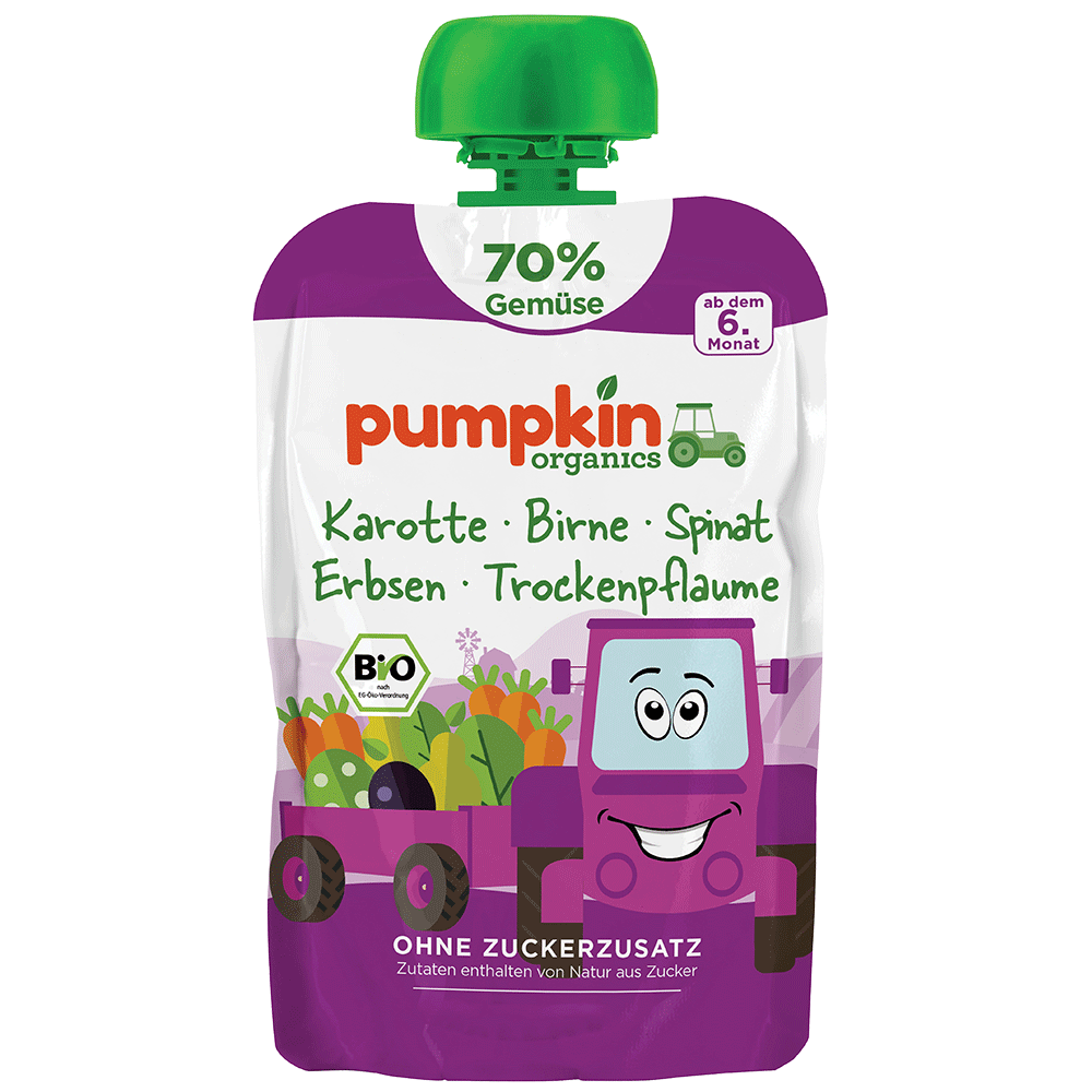 Bild: pumpkin organics Quetschie Karotte, Birne, Spinat, Erbsen und Trockenpflaume