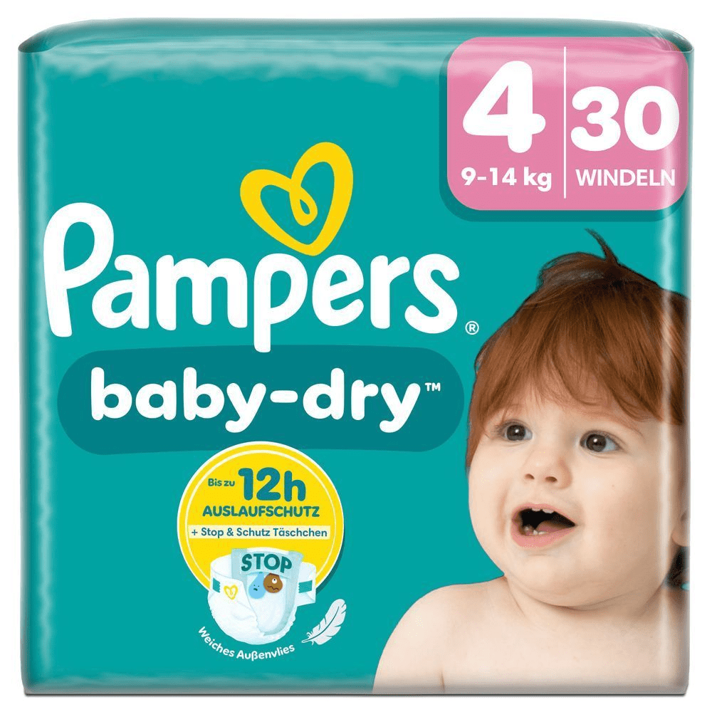Pampers Baby-Dry Single Pack, Größe 4 mit 30 Windeln, 9-14 kg, hervorgehoben werden die Produktvorteile: Bis zu 12 Stunden Auslaufschutz und Stop & Schutz Täschchen.
