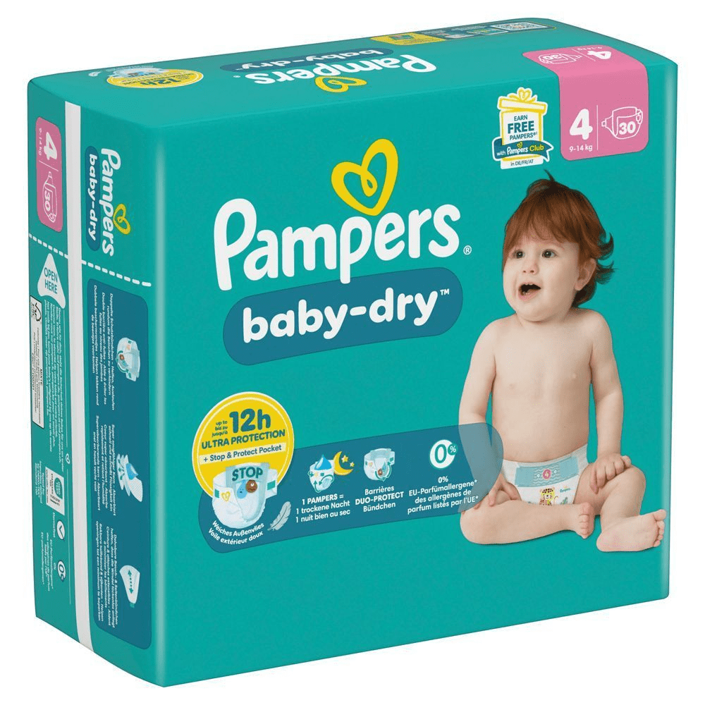 Pampers Baby-Dry Windeln, Größe 4, mit dem Hinweis auf 12 Stunden Ultra Protection und Stop & Protect Pocket.;