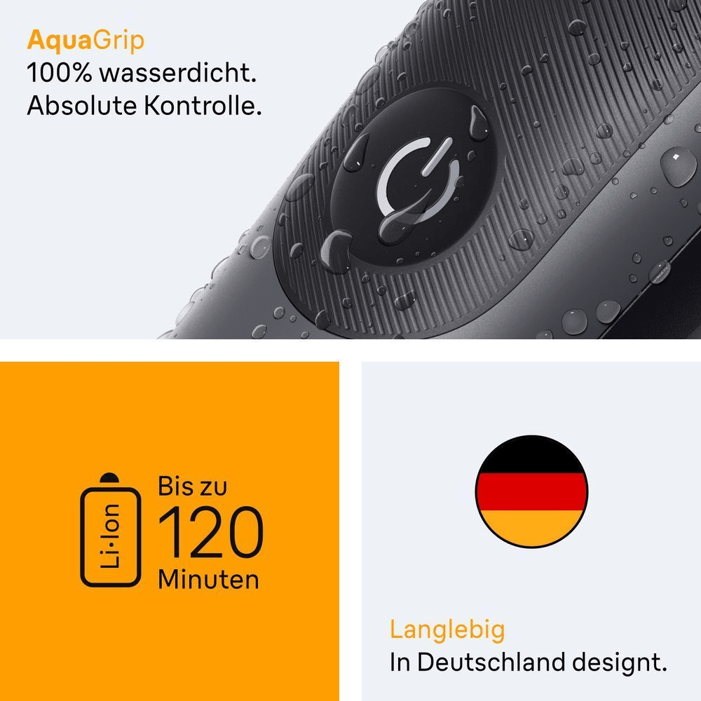 Braun Rasierer mit AquaGrip ist 100% wasserdicht für absolute Kontrolle, bietet bis zu 120 Minuten Akkulaufzeit und ist in Deutschland designt.
