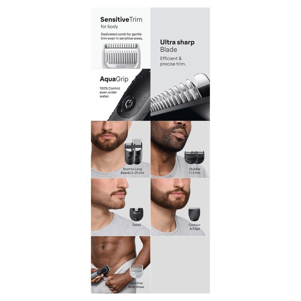 Braun Trimmer mit Aufsätzen für Körper, Bart und Details, hervorgehoben wird der Sensitive Trim Aufsatz für sensible Bereiche. [EN] Braun trimmer marketing image highlighting sensitive trim for body, ultra sharp blade, and aquagrip for control. [IT] Braun Series X mostra le diverse testine per la rifinitura di barba e corpo, inclusa la testina Sensitive Trim. [ES] Braun, mostrando diferentes accesorios para el cuidado de la barba y el cuerpo, incluyendo el peine para áreas sensibles. [PT] Braun aparador com pente dedicado para áreas sensíveis, lâmina ultra afiada e AquaGrip para controle total.;