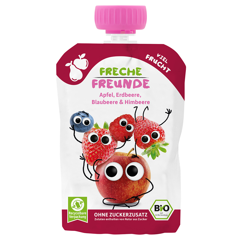Bild: Freche Freunde Quetschie Apfel, Erdbeere, Blaubeere und Himbeere