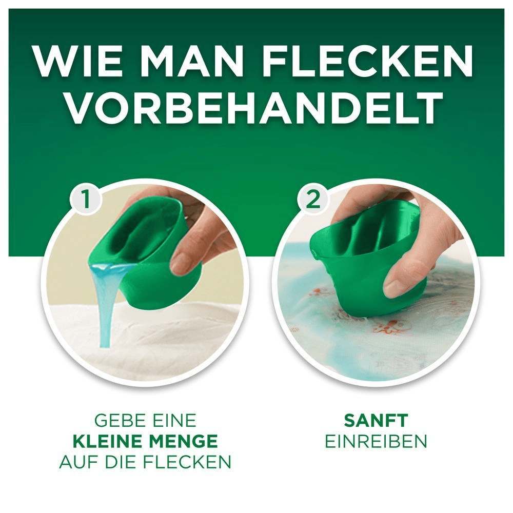 Eine zweistufige Abbildung zeigt die Vorbehandlung hartnäckiger Flecken mit Ariel Flüssigwaschmittel. Abbildung 1 zeigt, wie Ariel Flüssigwaschmittel aus der Dosierkappe eine kleine Menge auf den Fleck gegossen wird. Abbildung 2 zeigt, wie die Flüssigkeit mit der Dosierkappe sanft in den Stoff eingerieben wird. [EN] 2-step visual showing how to pre-treat tough stains with Ariel liquid. Image 1) shows Ariel liquid being poured from dosing cap onto the stain. The image 2) shows how to rub gently the liquid over the fabric with the dosing cap;