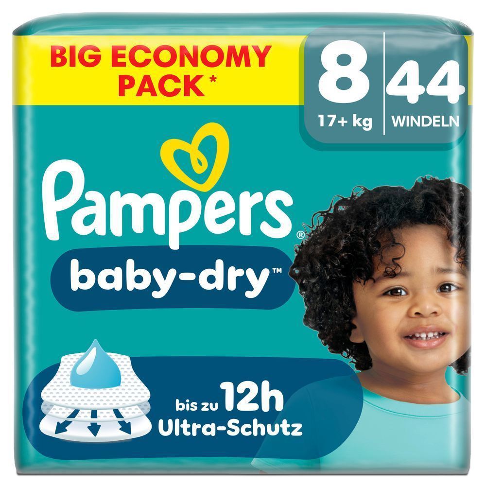 Pampers Baby-Dry Windeln Big Economy Pack, Größe 8, 44 Windeln, mit bis zu 12 Stunden Ultra-Schutz.