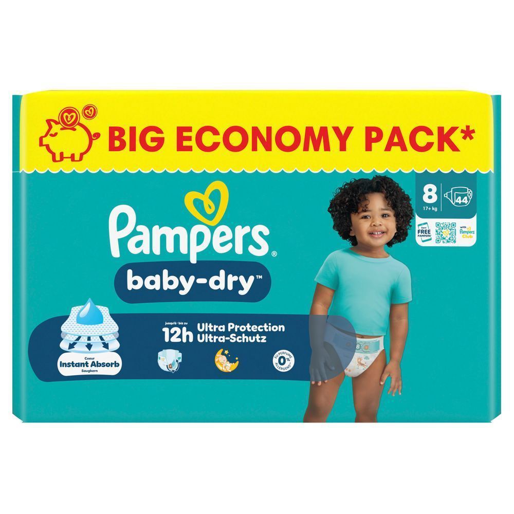Pampers Baby-Dry Windeln, Big Economy Pack, mit dem Versprechen von bis zu 12 Stunden Ultra-Schutz.